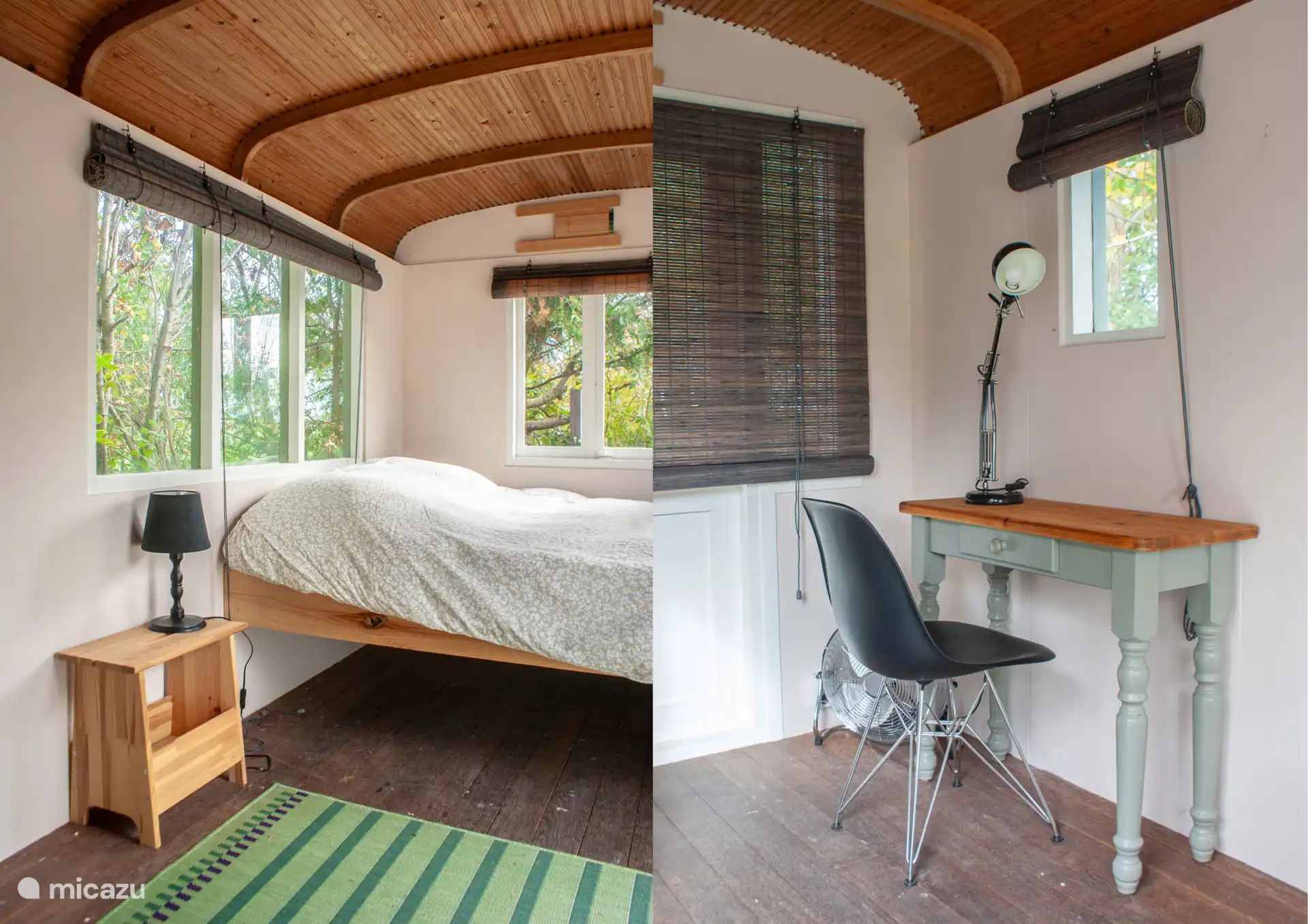 Arbeitsplatz und Doppelbett im Zigeunerwagen