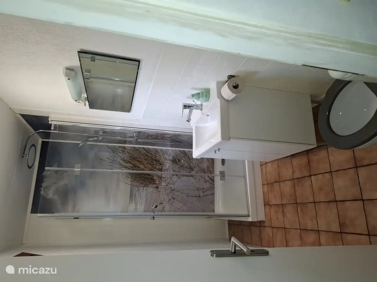 Cuarto de ba&#241;o con ducha, lavabo e inodoro