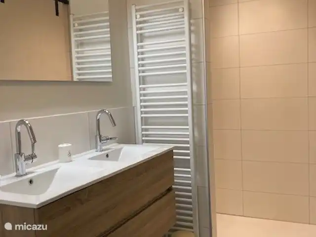 Location de Vacances Pays-Bas, Drenthe, Diever, maison de vacances - Appartement Hoeve a/d Zuurlanderes 1 De la chambre, vous entrez dans la salle de bain avec lavabo pour deux personnes...
