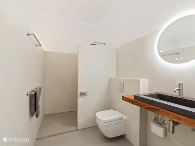 Resort privé Curaçao pour les groupes | Curaçao, Curaçao-Centre, Willemstad - villa Salle de bain spacieuse avec douche à effet pluie, lavabo en pierre naturelle et accent en bois chaleureux