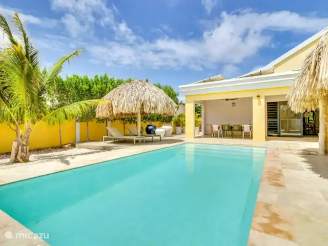 Nouvelle villa ! Villa Brosse | Bonaire, Bonaire, Kralendijk - villa Terrasse à l’arrière de la villa, piscine d’eau salée et palapa