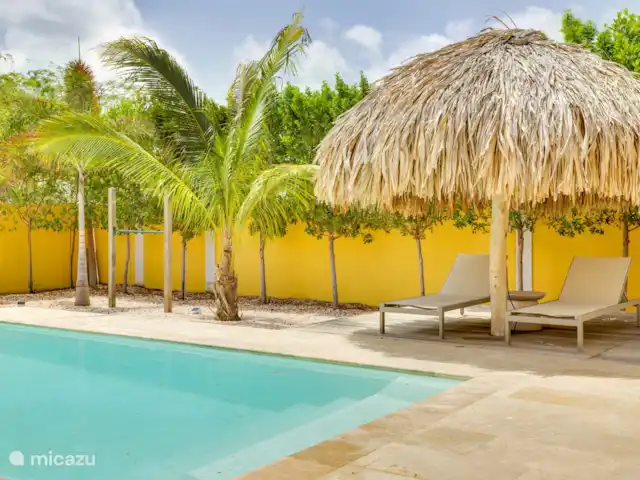 Nouvelle villa ! Villa Brosse | Bonaire, Bonaire, Kralendijk - villa Terrasse à l’arrière de la villa, piscine d’eau salée et palapa
