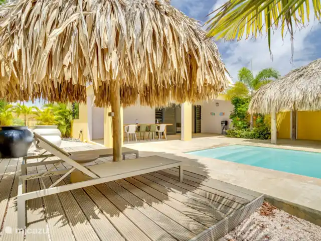 Nouvelle villa ! Villa Brosse | Bonaire, Bonaire, Kralendijk - villa Terrasse à l’arrière de la villa, piscine d’eau salée et palapa