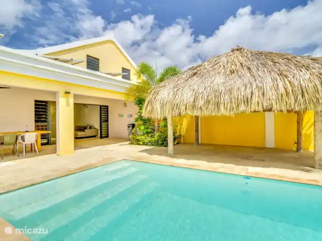 Nouvelle villa ! Villa Brosse | Bonaire, Bonaire, Kralendijk - villa Terrasse à l’arrière de la villa, piscine d’eau salée et palapa