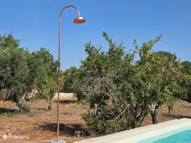 Lamia à Ostuni - Pouilles | Italie, Pouilles (Puglia), Ostuni - maison de vacances La douche extérieure au bord de la piscine. Derrière la maison se trouve une deuxième douche extérieure (chauffée).