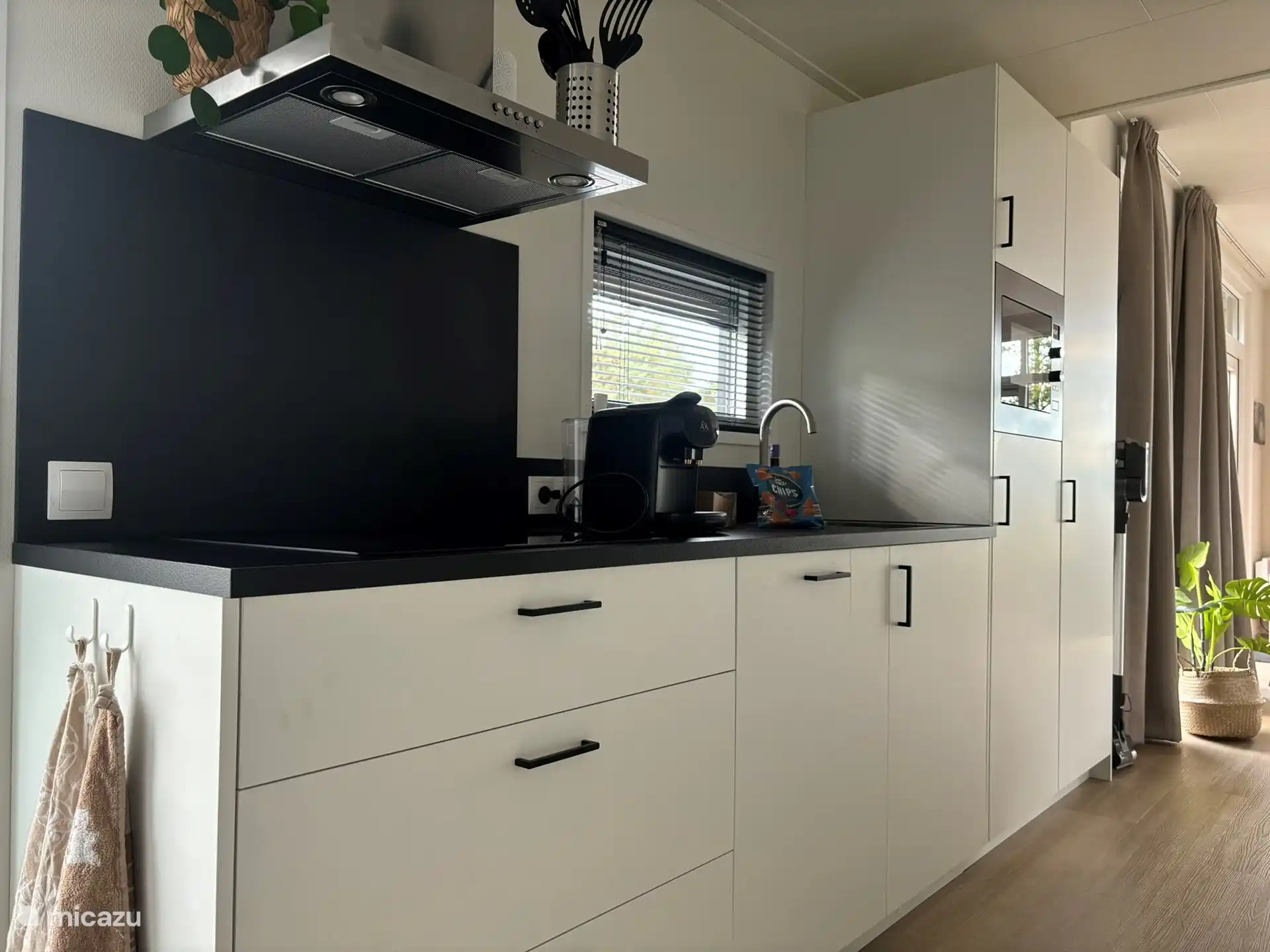 La cuisine avec plaque à induction, hotte aspirante, lave-vaisselle, réfrigérateur-congélateur.