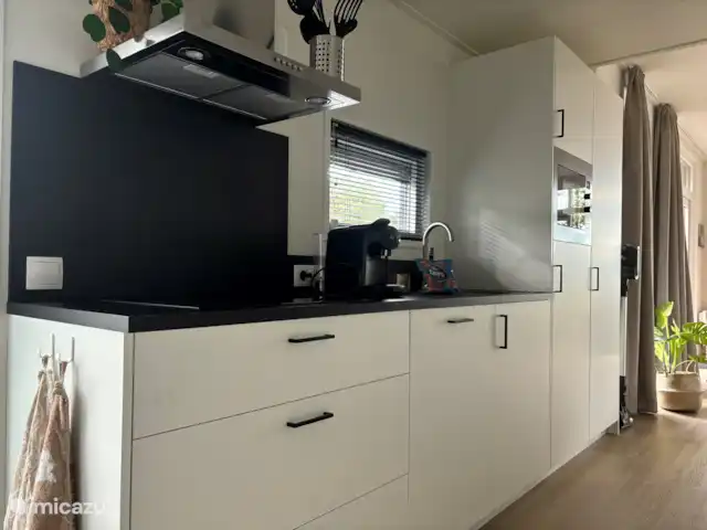 Location de Vacances Pays-Bas, Overijssel, Haarle, chalet - Chalet Woody La cuisine avec plaque à induction, hotte aspirante, lave-vaisselle, réfrigérateur-congélateur.