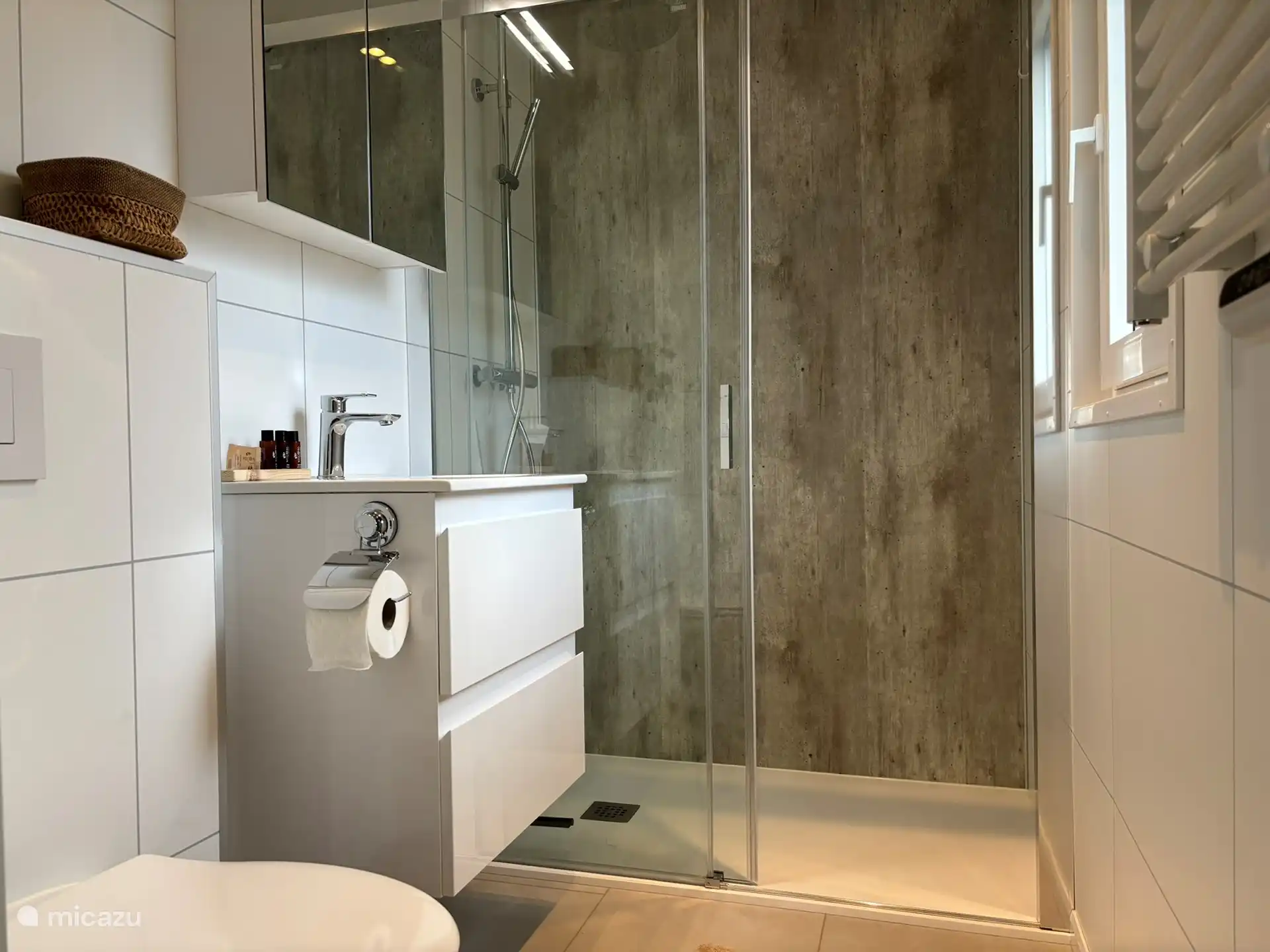 Salle de bain avec toilettes, lavabo et douche à l’italienne spacieuse.