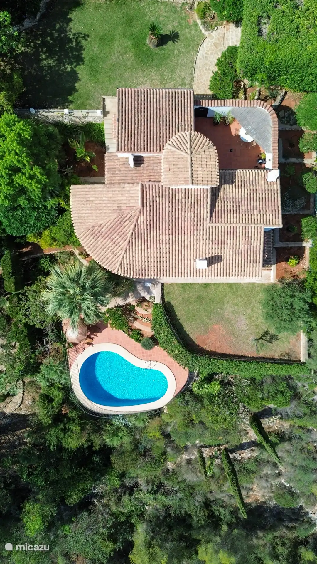 Draufsicht auf Haus, Pool und Garten