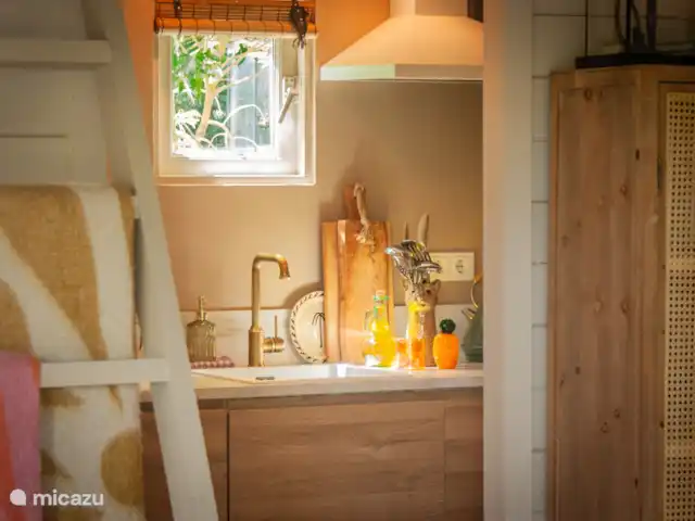 CoCo Cabin en Países Bajos, Utrecht, Woudenberg - casa pequeña  Cocina completa con lavavajillas, 2 quemadores de inducción, cafetera espresso, hervidor de agua, armario de carbón, tostadora y todos los utensilios de cocina y vajilla. Consulte también la lista completa de servicios.