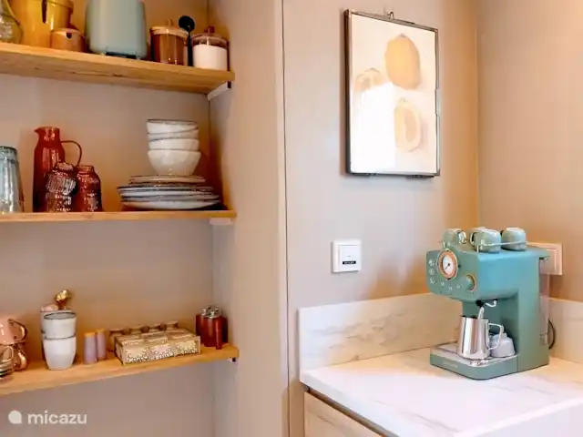 CoCo Cabin en Países Bajos, Utrecht, Woudenberg - casa pequeña  Cocina completa con lavavajillas, 2 quemadores de inducción, cafetera espresso, hervidor de agua, armario de carbón, tostadora y todos los utensilios de cocina y vajilla. Consulte también la lista completa de servicios.