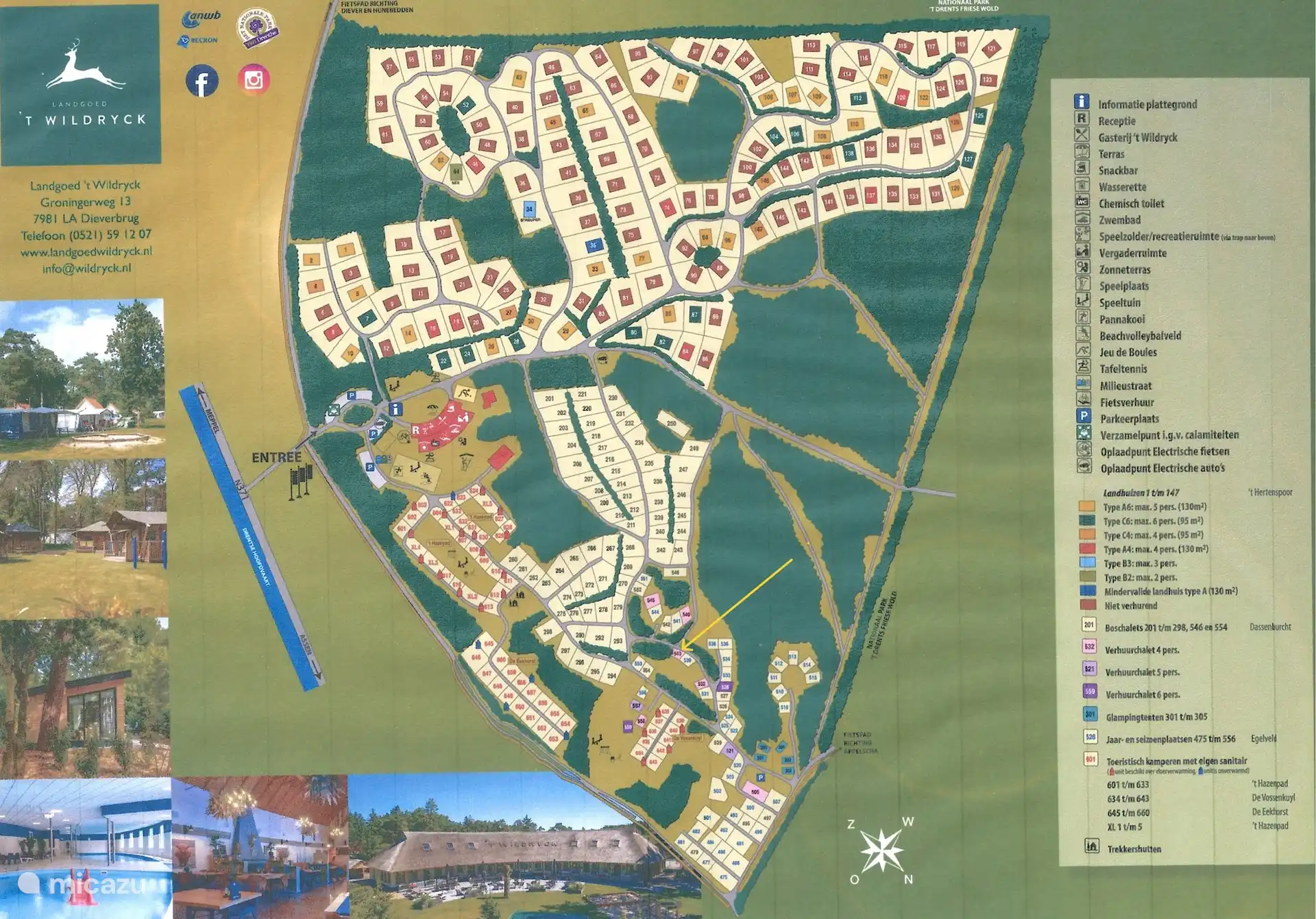 Parc en terrain plat avec la position du chalet à la flèche jaune