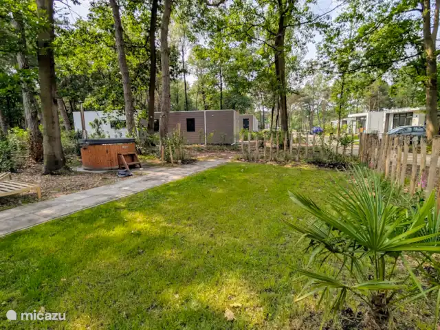 Forest Lodge + Bañera de hidromasaje - El Ciervo Verde en Países Bajos, Overijssel, Haarle - chalet Bañera de hidromasaje + sala de estar