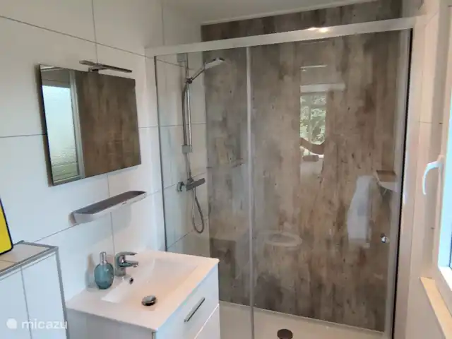 Forest Lodge + Bañera de hidromasaje - El Ciervo Verde en Países Bajos, Overijssel, Haarle - chalet Amplio cuarto de baño con ducha a ras de suelo