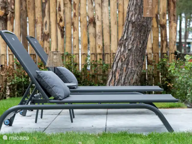 Royal Resort Cosy Cabin Deluxe huren in Nederland, Overijssel, Haarle - chalet Tuin Cosy Cabin Ligstoelen