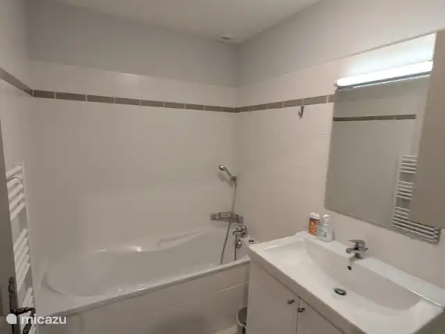 Le Chene - Le Grande Tourtre en Francia, Charente, Chalais (Charente) - bungaló Cuarto de baño 2, con bañera con ducha y lavabo