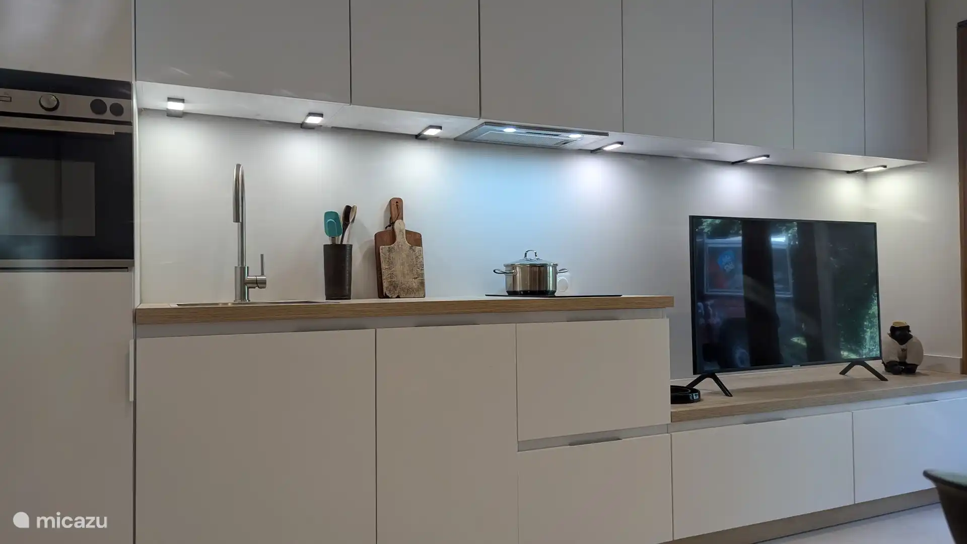 Ausgestattete Küche mit multifunktionalem Backofen, Geschirrspüler und Induktionskochfeld.