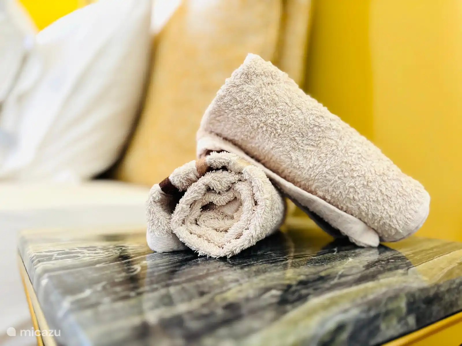 Badhanddoeken en bedlinnen inclusief.