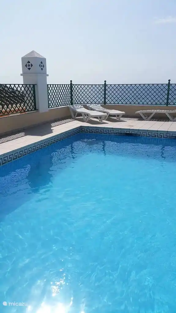Piscine avec douche et WC et grande terrasse sur le toit et transats sur le toit qui est accessible par ascenseur
