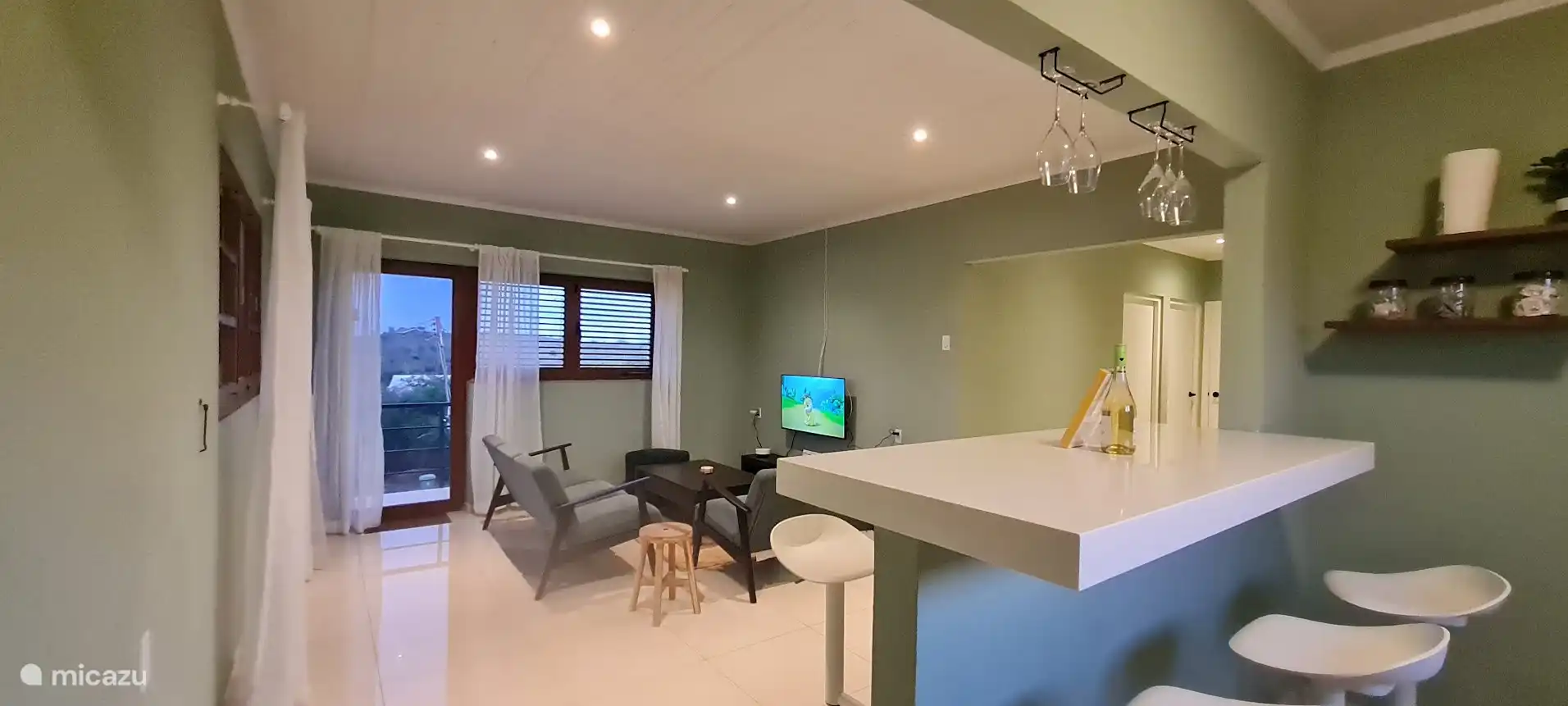 Entrée, espace de vie et bar. 