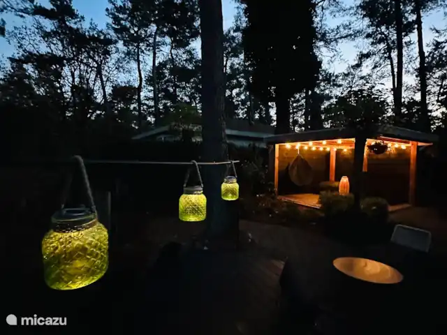StayatSas Tiny House Pippa huren in Nederland, Gelderland, Doornspijk - chalet 's avonds gaan de solar lampen aan bij de vijver