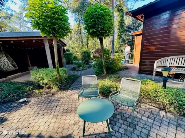 StayatSas Tiny House Pippa huren in Nederland, Gelderland, Doornspijk - chalet Loungezitje bij vijver op grote zonneterras