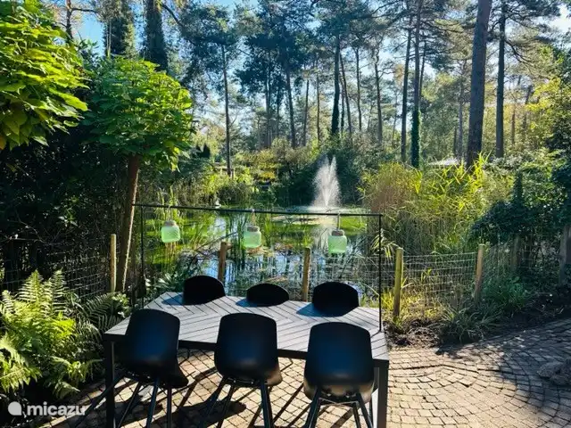 StayatSas Tiny House Pippa huren in Nederland, Gelderland, Doornspijk - chalet eten of boekje lezen aan de grote vijver met fontein