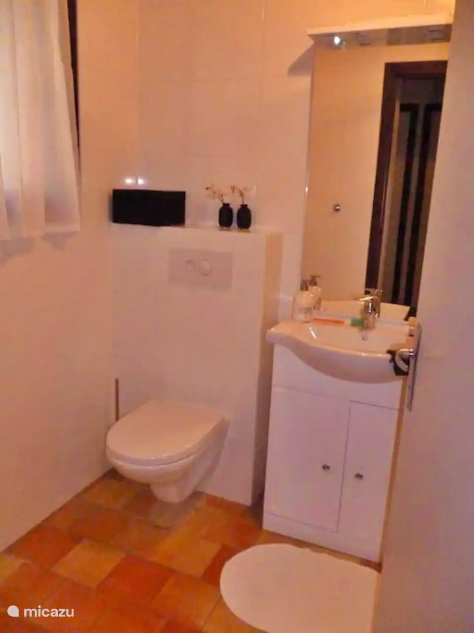 Das Badezimmer mit hängender Toilette und Dusche