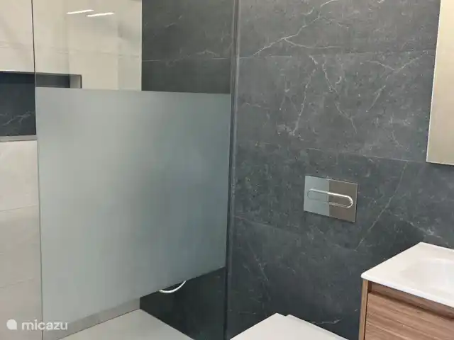 villa huren in Spanje, Costa Cálida, Balsicas – Casa JaJo de ensuite badkamer met zilveren kranen, regendouche, hangtoilet, spiegel en badkamerkast