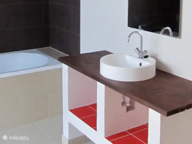 Villa al Plin huren in Italië, Piëmont, Vesime - villa Er zijn twee grote badkamers. Eén badkamer beschikt over een douche, de ruime badkamer op deze foto beschikt over een ligbad met daarin een douche. Verder een wastafel en een wc.
