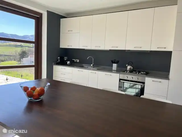 Villa al Plin huren in Italië, Piëmont, Vesime - villa Een open keuken, met schuifdeur naar het terras. De keuken is geplaatst in 2023 en is van alle gemakken voorzien; koelvriescombinatie, gasfornuis, oven, Nespresso apparaat, servies, bestek, pannen, etc.