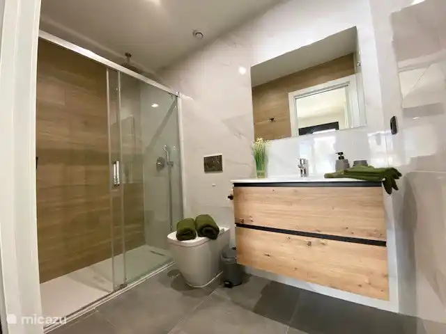 Badkamer met ruime inloopdouche, wastafelmeubel en toilet