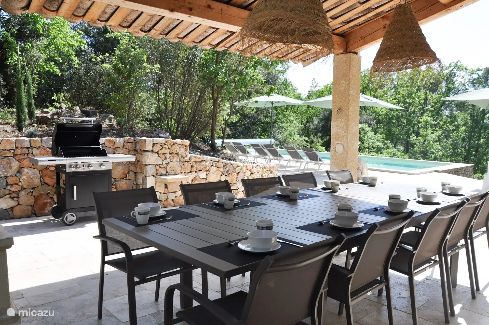 Geräumiger und überdachter Esstisch für 10 Personen mit GASGRILL