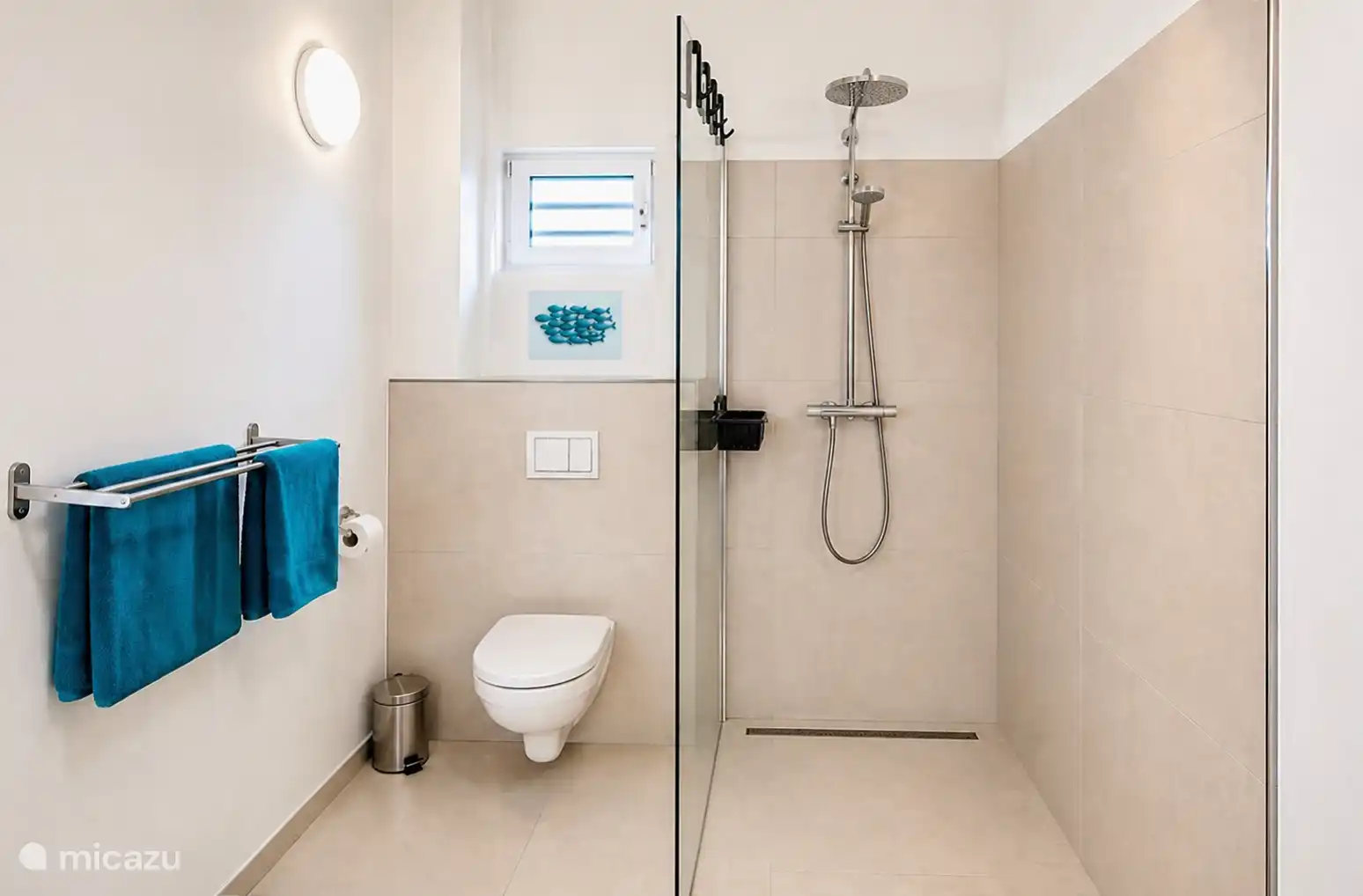 Salle de bain, douche pluie avec robinet thermostatique.