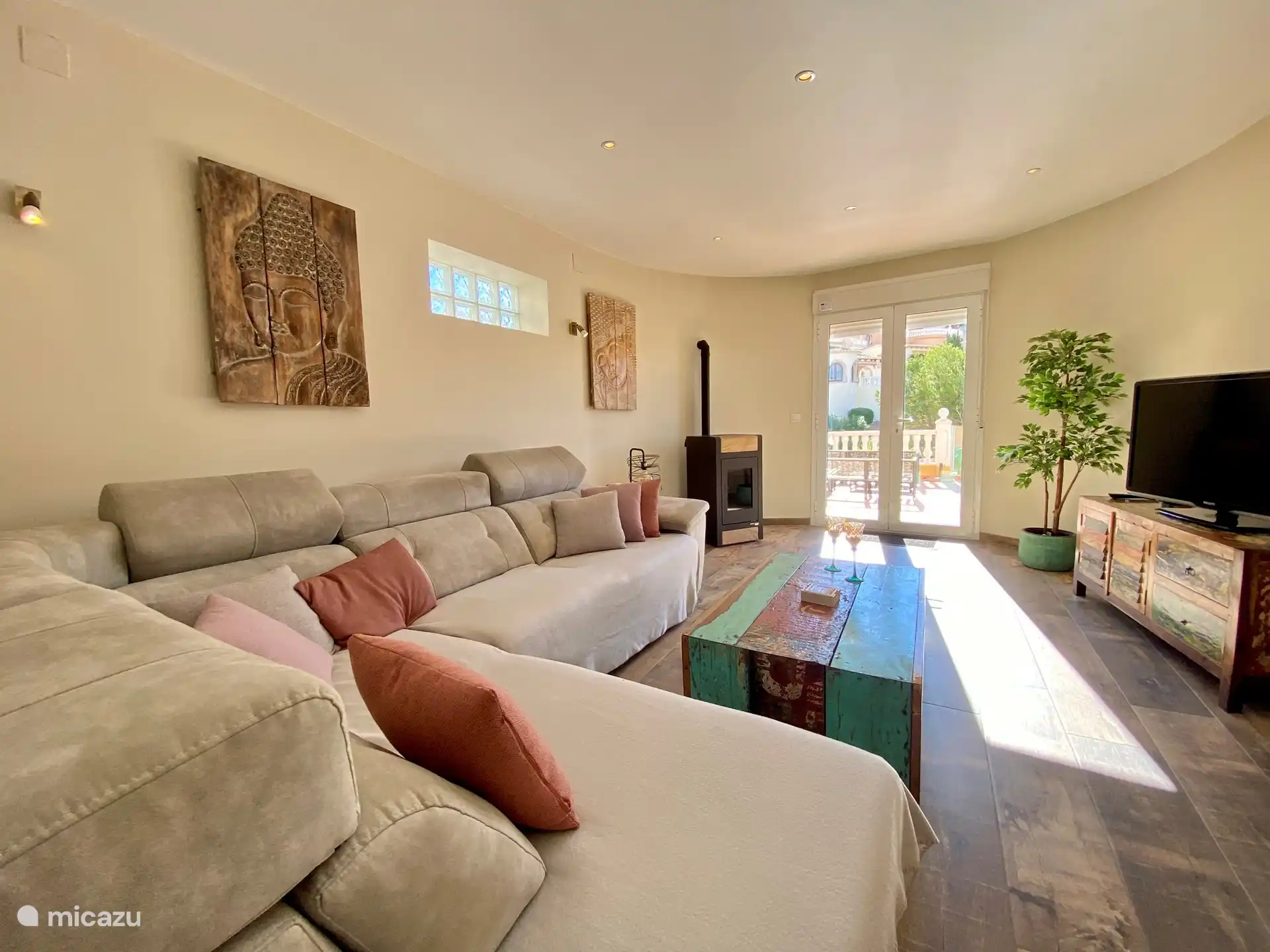 Living room with pallet stove