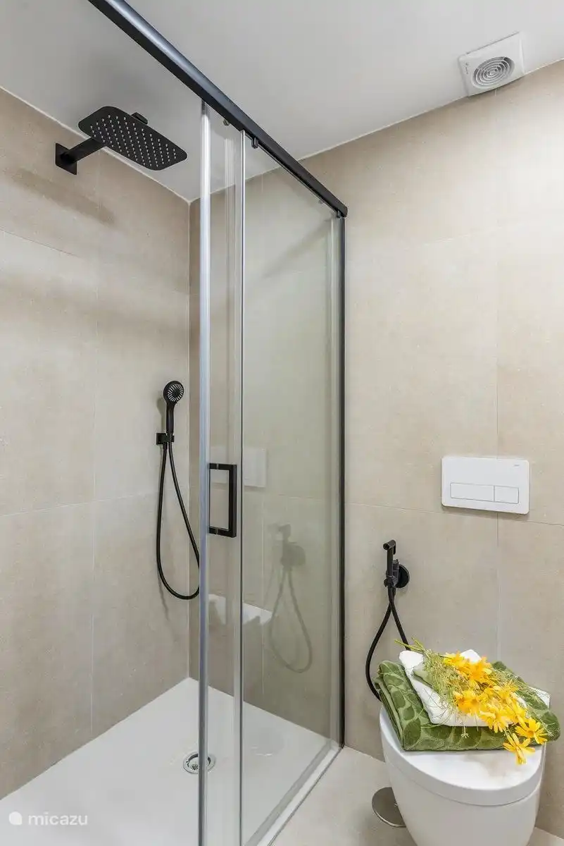 Badezimmer mit WC, Dusche und Waschbecken 