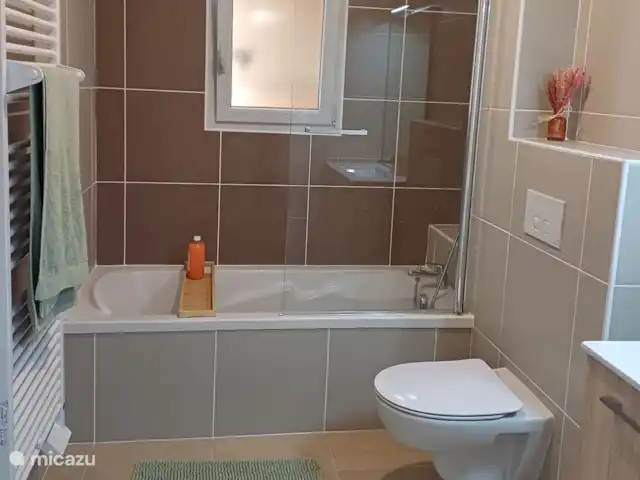 Maison La Faurie | France, Dordogne, Meyrals - maison de vacances Salle de bain 2 avec baignoire, douche, lavabo et deuxième toilette