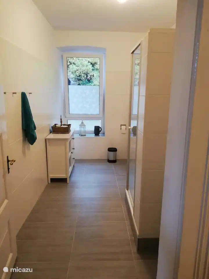 BG: Das Badezimmer mit WC, Duschkabine, Waschbecken und Waschmaschine.