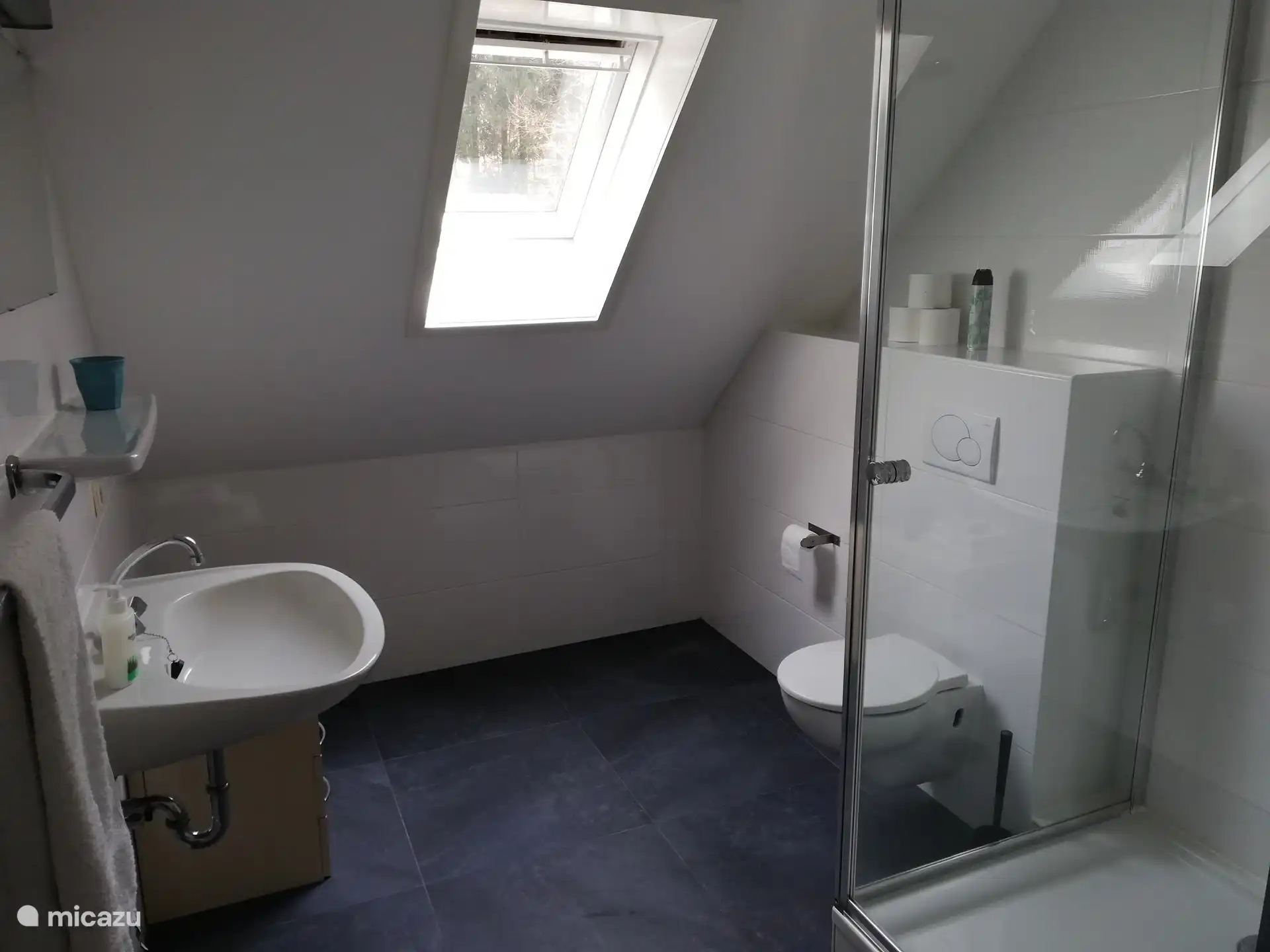 2. Etage: Badezimmer mit Dusche, Waschbecken und WC. 
