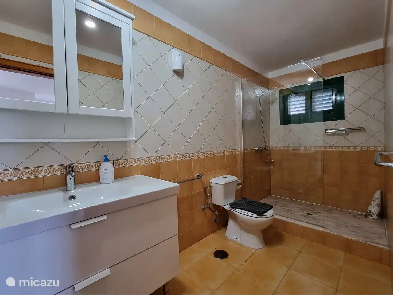 Bathroom with shower, sink and toilet.