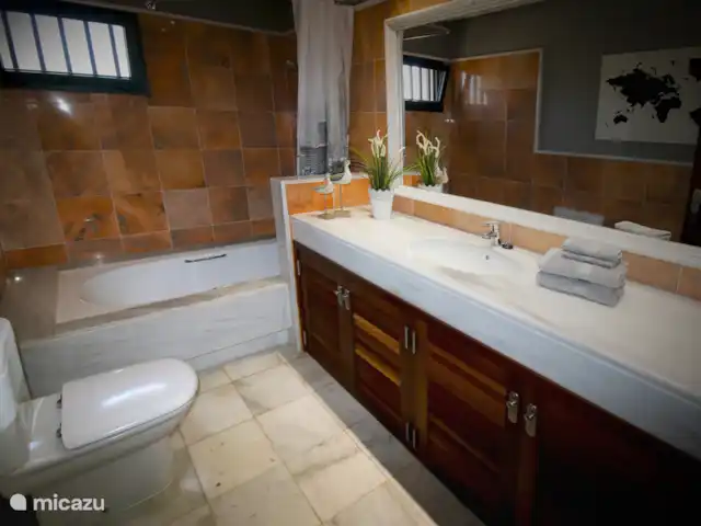 villa huren in Spanje, Lanzarote, Playa Blanca – Villa Pareja De badkamer voorzien van een grote wastafel, ligbad toilet en föhn