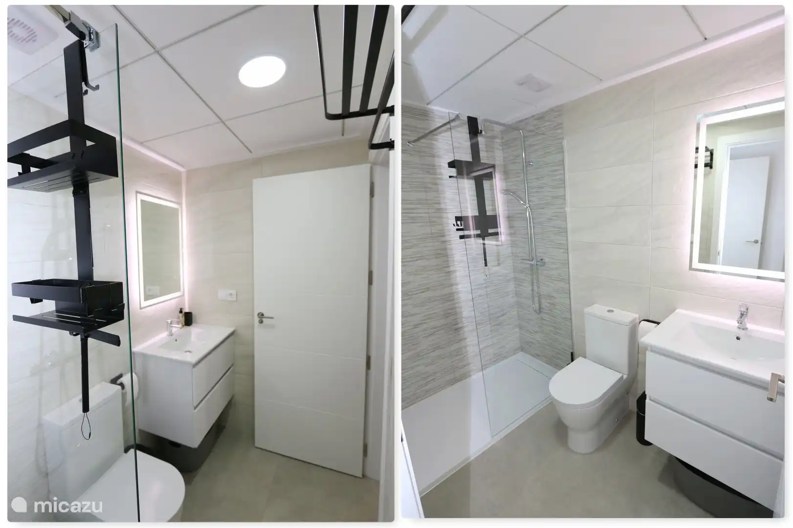 Eines der beiden Badezimmer, die in Größe und Aufteilung identisch sind. Eine Toilette, eine geräumige ebenerdige Dusche und ein Waschbecken.