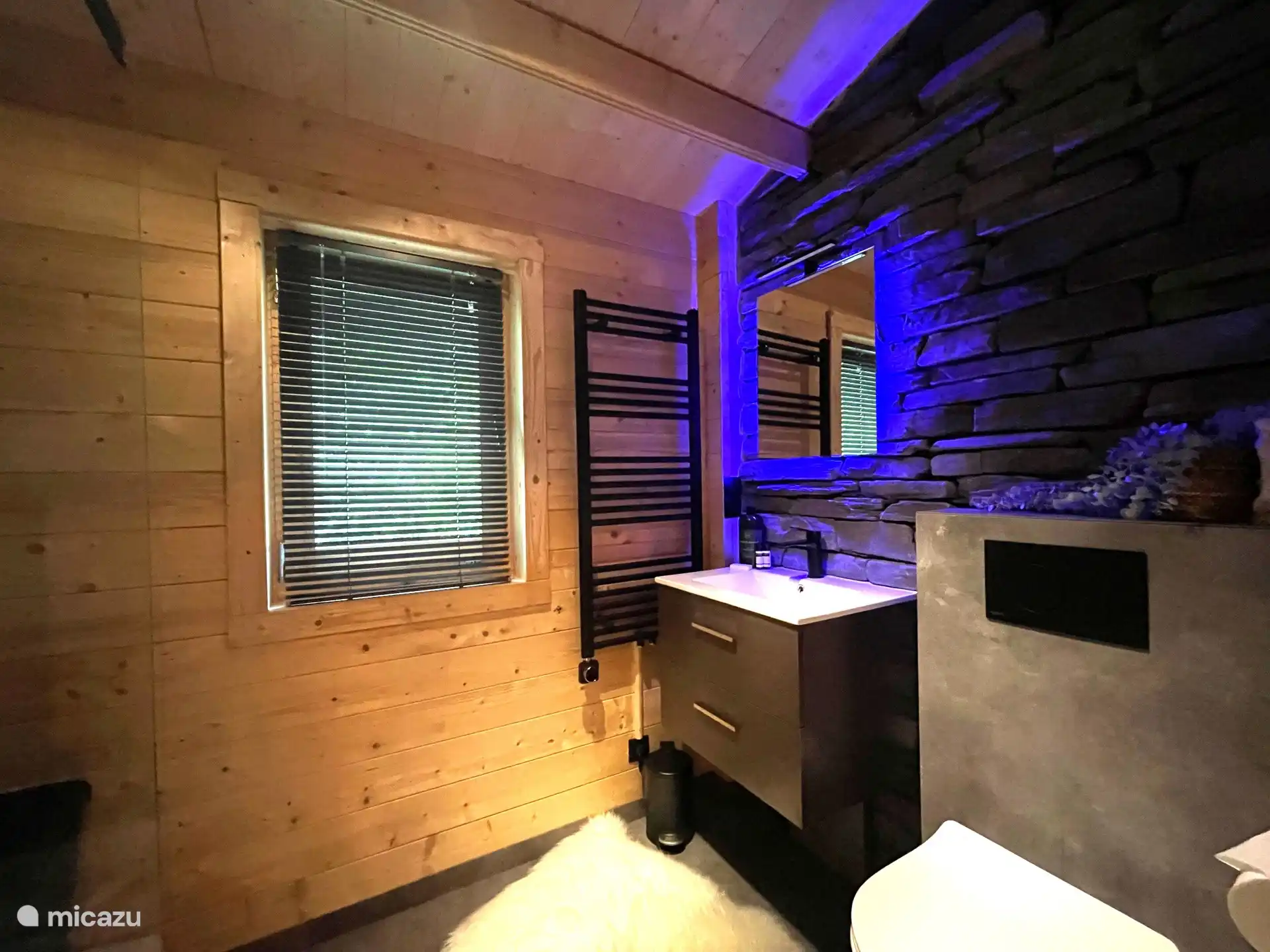 Salle de bain luxueuse avec dalles de dalle.