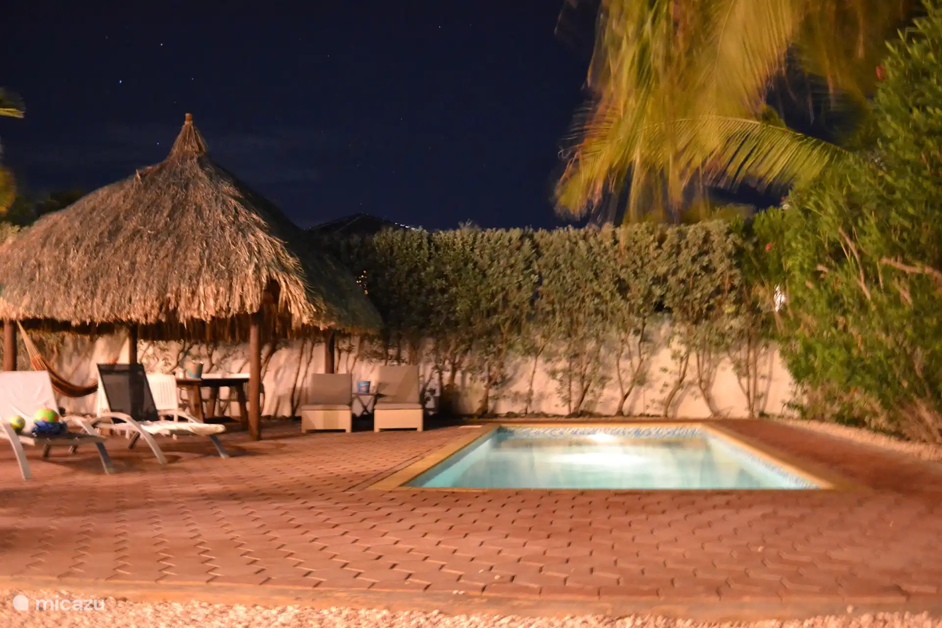 Alberca y palapa por la noche