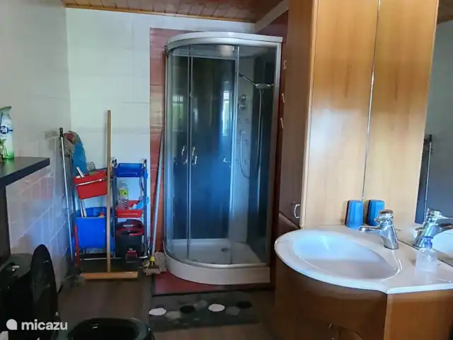 Casa finlandesa cerca de un gran lago en Países Bajos, Frise, Rohel - casa vacacional El cuarto de baño con ducha, inodoro, lavabo y lavadora.