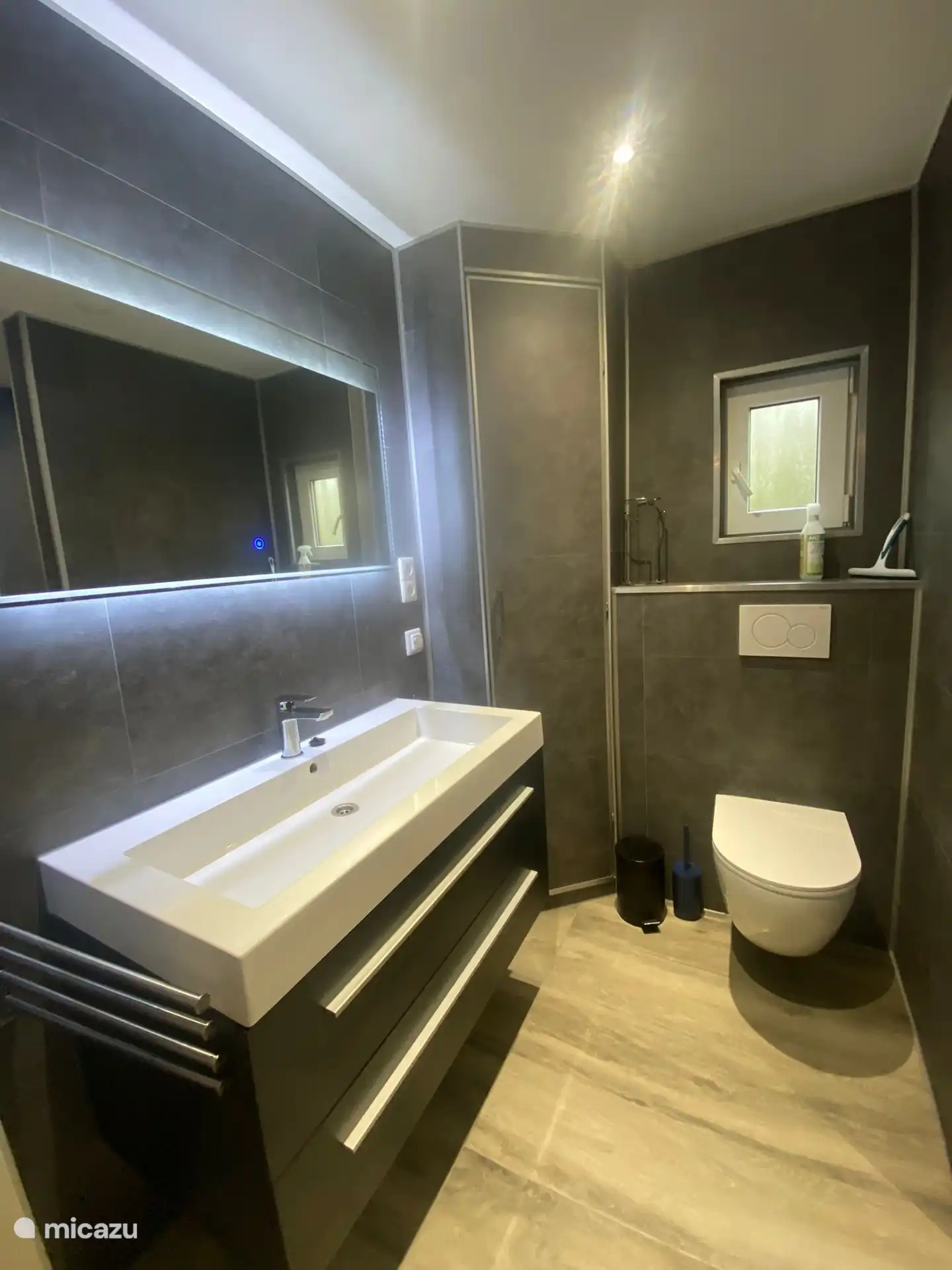 Avec un grand évier et un miroir avec éclairage