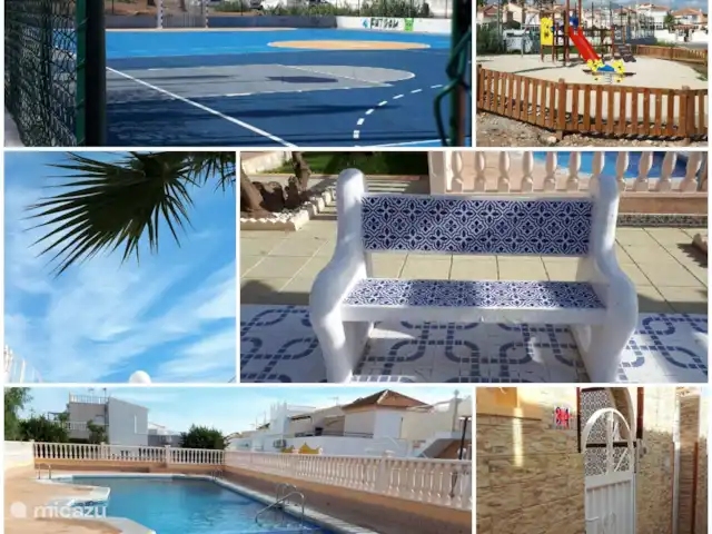 Tranquilo townhouse/Bungalow Kwintos | Espagne, Costa Blanca, Torrevieja - bungalow Collecte de photos du quartier autour de l’urbunisation. banc au bord de la piscine. Terrain de football et aire de jeux pour enfants au coin de la rue