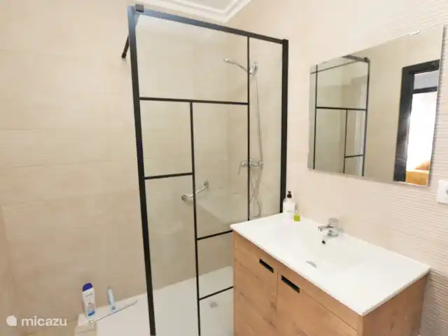 Location de Vacances Espagne, Murcia, San Pedro del Pinatar, appartement - Luxe sur la côte avec vue sur la mer Salle de bain spacieuse avec toilettes, lavabo et douche à l’italienne spacieuse.