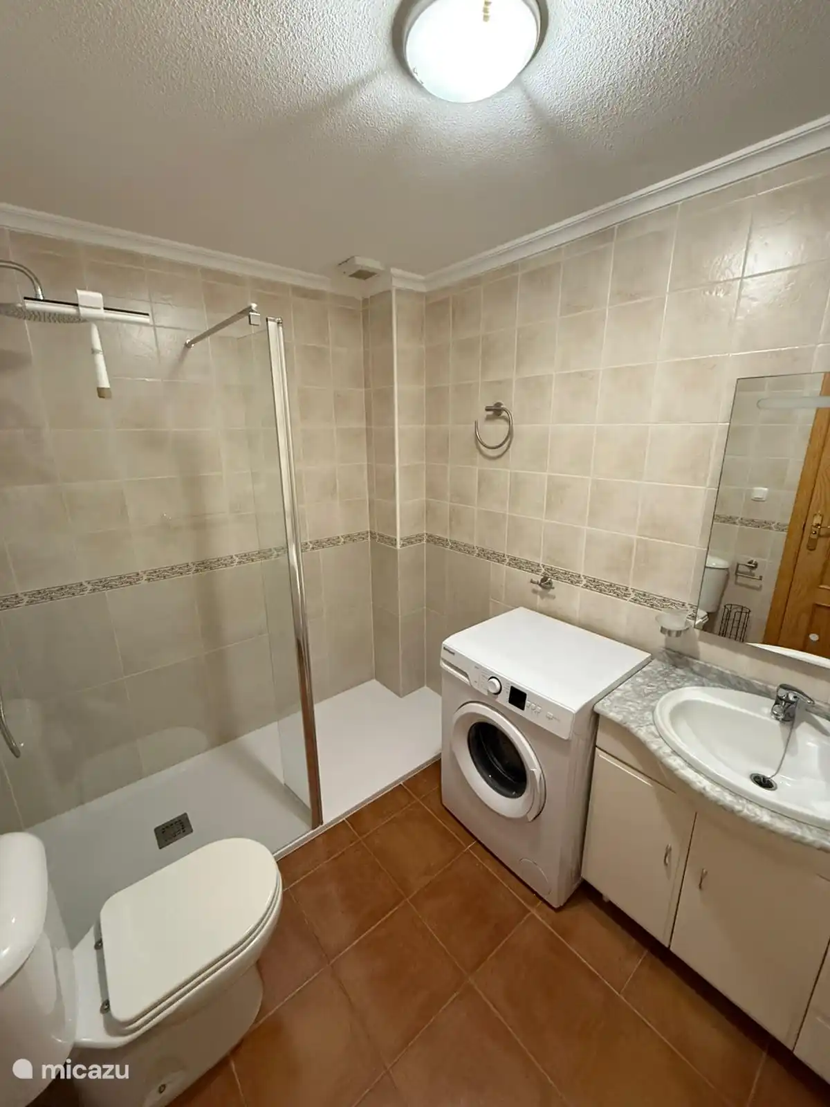 Bathroom with walk-in shower and toilet.

The washing machine is also here 