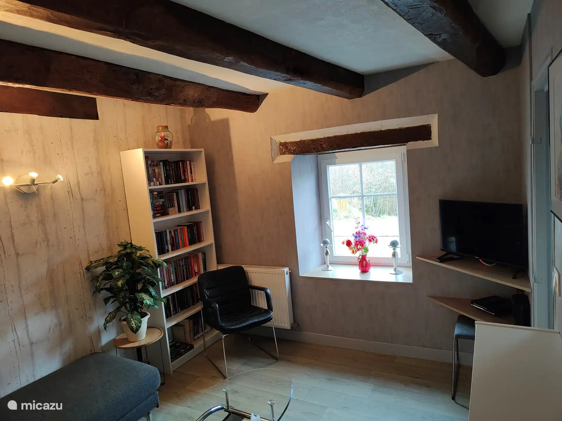 Im Fernsehzimmer, wo es viele Lesebücher und DVDs gibt